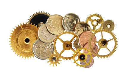 Business Mechanism. Set of various gears and coins on white backgroundの写真素材
