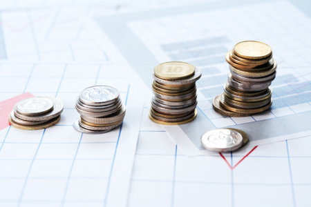 Business concept. Set of coins columns in a row on diagram backgroundの写真素材
