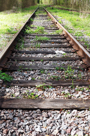 An abandoned old railway in the middle of the forestの写真素材