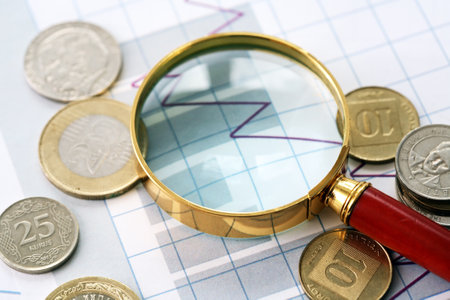 Business concept. Set of coins columns in a row and magnifying glass on diagram backgroundの写真素材