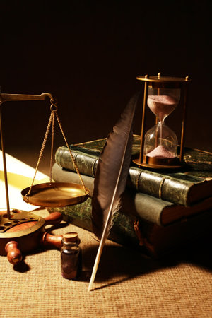 Vintage still life with various ancient things on dark backgroundの写真素材