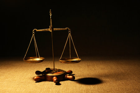 Justice concept. Closeup of nice ancient bras weight scalesの写真素材