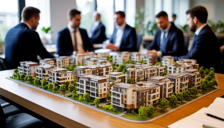On the table in the office, there is a model of a new residential area. Businessmen are discussing the projectの素材
