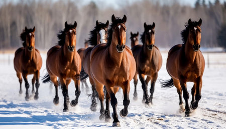 A herd of beautiful brown horses gallops across a snowy floorの素材