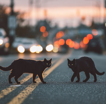 Black cats on a highway in the evening cityの素材