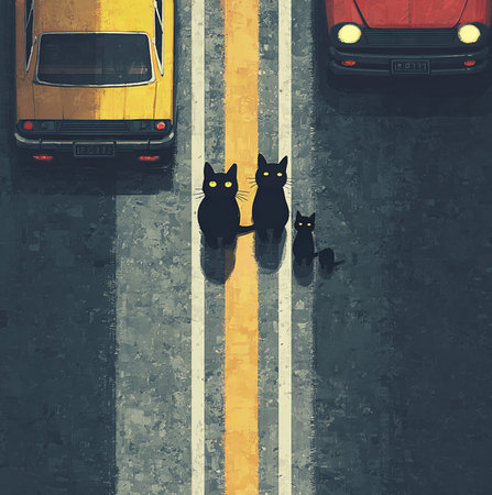 Black cats on a highway in the evening cityの素材