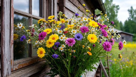 A large bouquet of wildflowers near the window of an old country houseの素材