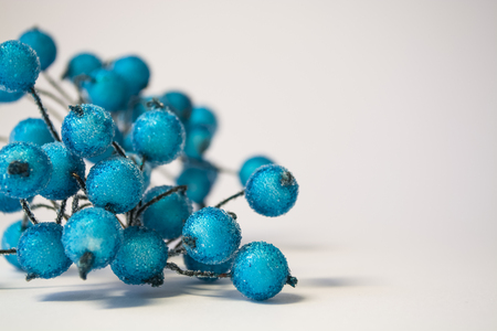 Texture. White background. Winter. An artificial branch of blue berries in hoarfrost. Dew drops.の写真素材