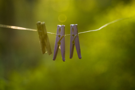 Rope on a green background, in rays of the sunset sun with plastic violet and wooden clothespegs for drying of linen. Backgroundの写真素材