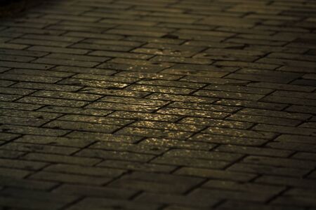 Background or texture from a broken and equal tile with patches of light and drops. Stone blocks on the sidewalkの写真素材