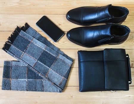 Business accessories for men on the wooden floor. Classic style.の写真素材