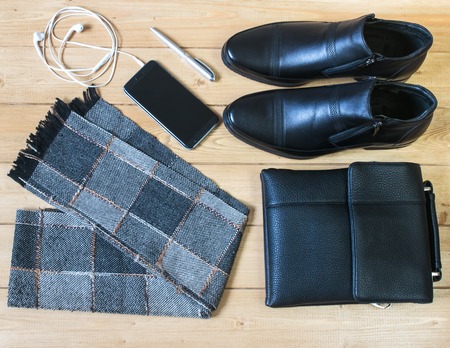 Business accessories for men on the wooden floor. Classic style.の写真素材