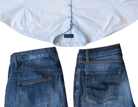 Fashionable men's jeans wear isolated on white background. Classic denim clothing.の写真素材