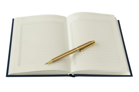 Blue notebook with a gold pen isolated on white background. Business accessories.の写真素材