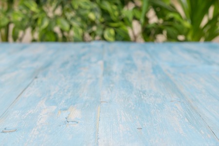 Blue wooden table on a blurred background of green plants. A platform for your creativity.の写真素材