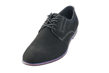Black mens shoes with blue thread isolated on white background.の写真素材