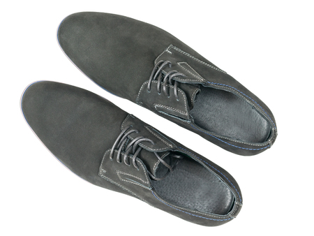 Classic men's shoes made of genuine leather isolated on a white background. Top view on isolated shoes.の写真素材