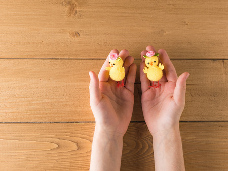 Two small toy chicken in the hands of a child on a wooden table. The concept of animal welfare.の写真素材
