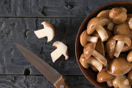 Knife and fresh mushrooms with parsley leaves on a wooden rustic table. Natural vegetarian cuisine.の写真素材