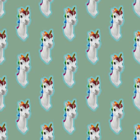Seamless pattern of glowing unicorn heads on green background. Trend. Minimalism. Lifestyle. Contemporary art collage.の写真素材