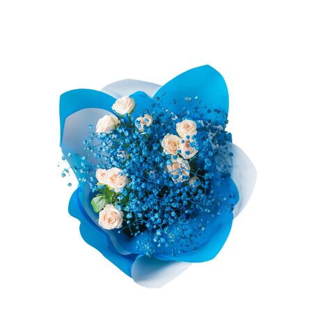 Top view of a beautiful blue bouquet isolated on a white background. A gift for a woman. Festive mood.の写真素材