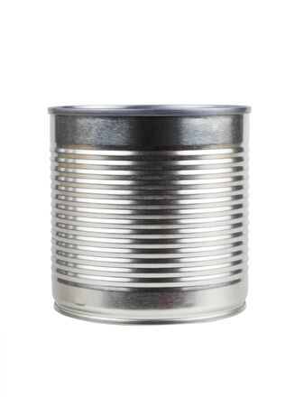 Side view of a closed tin can isolated on a white background. Universal container for canning.の写真素材