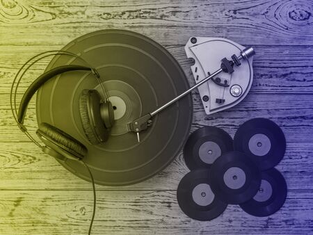 Headphones for vinyl disc players. Rendered image. Retro technique for playing music.