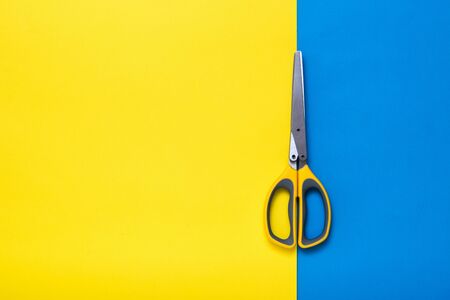 Kitchen scissors with yellow handles on a yellow and blue background. Tool for the kitchen.