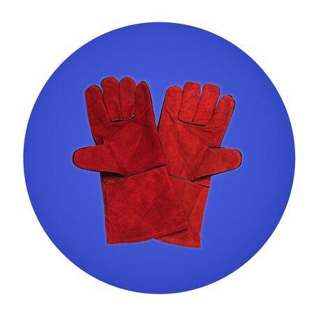 Two red welder's gloves in a blue circle isolated on a white background. Minimalism. The color trend.の写真素材