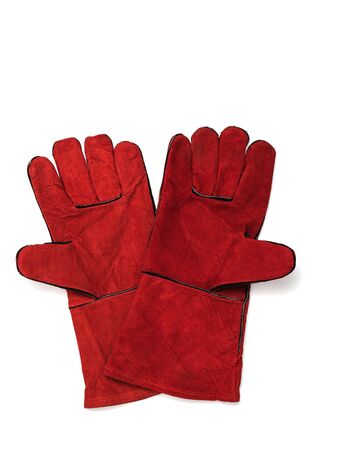 A pair of red welding gloves isolated on a white background. Protective accessory for welding operations.の写真素材