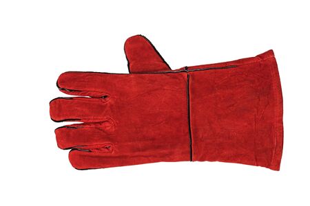 Welder's glove with the left hand isolated on a white background. Protective accessory for welding operations.の写真素材