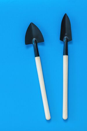 Shovels for digging and removing weeds on a blue background. A tool for working with indoor and...