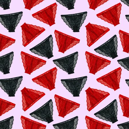 Seamless pattern of red and black women's panties on a lilac background. Underwear. The view from the top. Beautiful lingerie. Flat lay.の写真素材