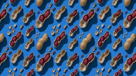 Pattern of whole and split peanuts on a blue background. Dry roasted peanuts.の写真素材