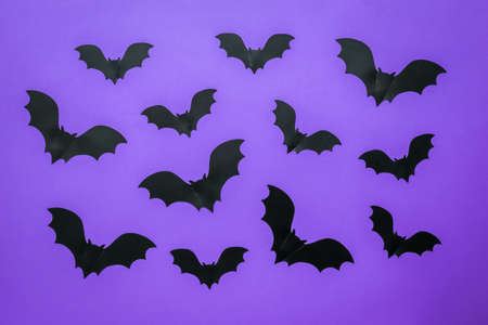 Black silhouettes of bats on a purple background. Background for Halloween.