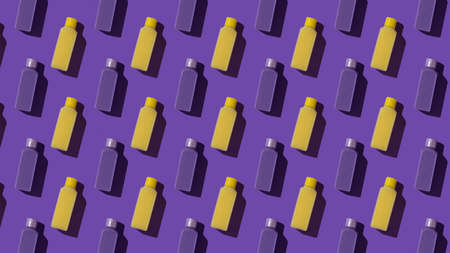 Seamless pattern of yellow and purple bottles on a purple background. Cosmetic product in a plastic...
