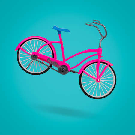 Red Bicycle with a blue saddle on a blue background. Eco-friendly mode of transport.の写真素材