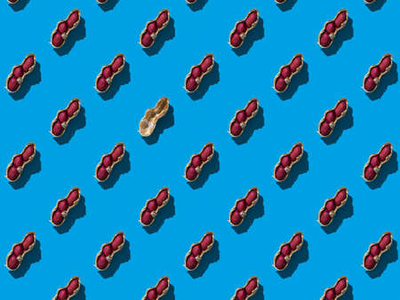 Seamless pattern of split peanuts and one empty one. Dry roasted peanuts.の写真素材