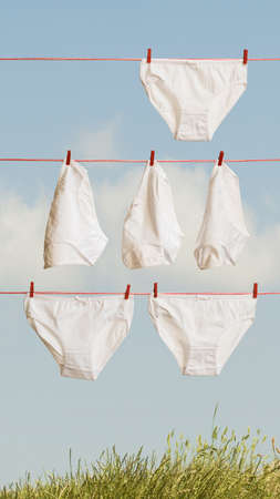 Several white women's panties are drying on a clothesline in the open air.