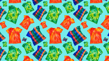Seamless pattern of multi-colored tie dye t-shirts on a turquoise background. White clothes painted...