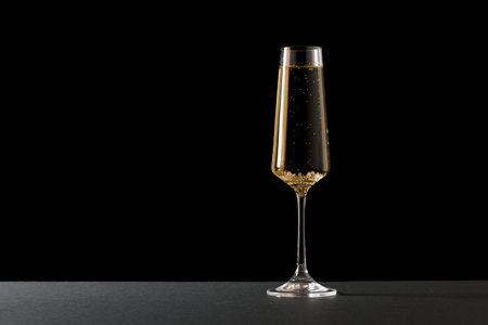 A glass filled with champagne on a black background. A popular alcoholic drink.の写真素材