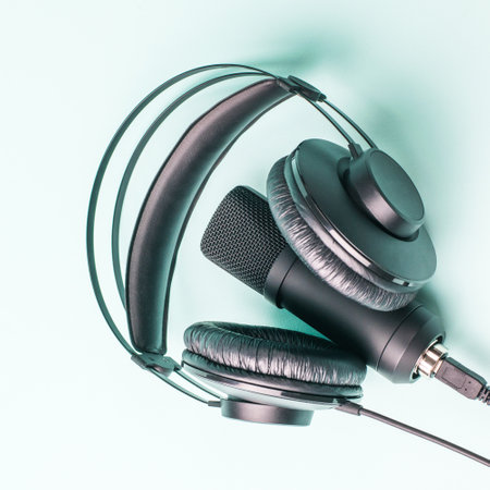 Condenser microphone and black headphones on a blue background. Equipment for recording and reproducing sound.の写真素材