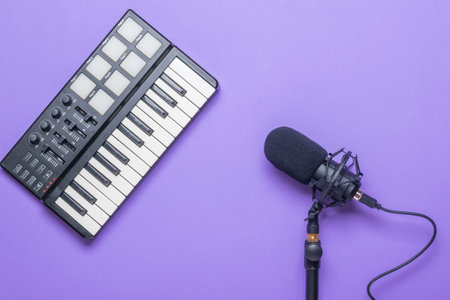 Condenser microphone and music mixer on purple background. Equipment for the music Studio. The view...