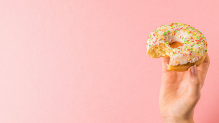 Hand of a girl with a bitten donut on a pink background. Popular pastries.の写真素材