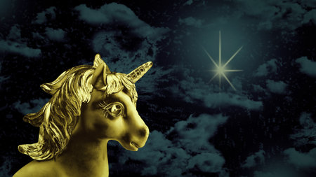 Golden unicorn on the background of the night sky with a shining star. Trend. Minimalism. 3D illustration.の写真素材