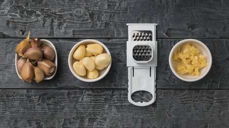 Unpeeled, peeled and grated garlic and hand grater on a wooden table. A popular spice for the kitchen.の写真素材