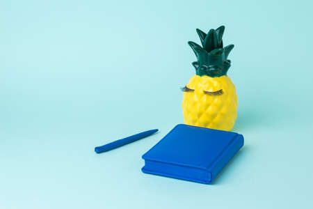 Yellow pineapple, blue notebook and pen on a blue background. The concept of record keeping.
