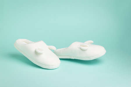 Stylish white house slippers on a two-tone background. Comfortable home shoes.の写真素材