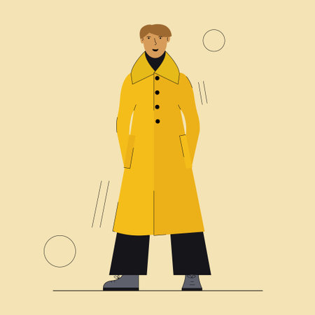 A character in a yellow coat and black pants on a light background. Unisex clothing.のイラスト素材