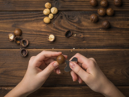 Women's hands peel macadamia nuts from their shells on a wooden table. Superfood.の写真素材